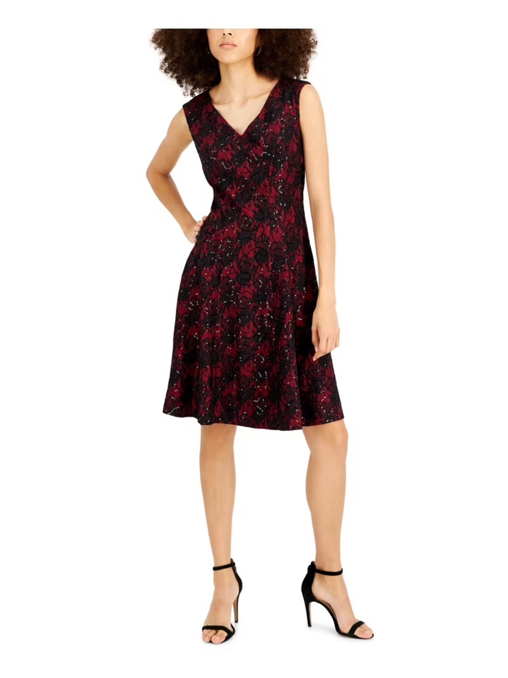 INC Sequined Lace Fit & Flare Dress Ruby Red Black Size 12